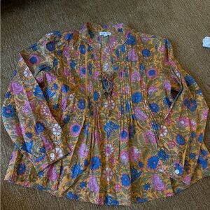 Boden Mustard Floral Pintuck Tie-Neck Blouse - Pink & Blue